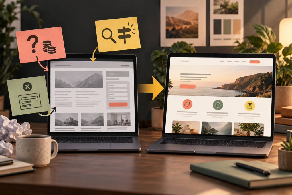 Customer feedback notes guiding a website redesign from an existing site to an updated version