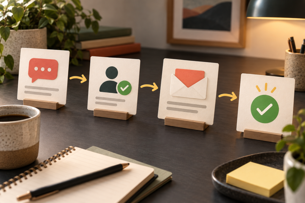 Customer feedback moving through contact verification to a delivered follow-up email