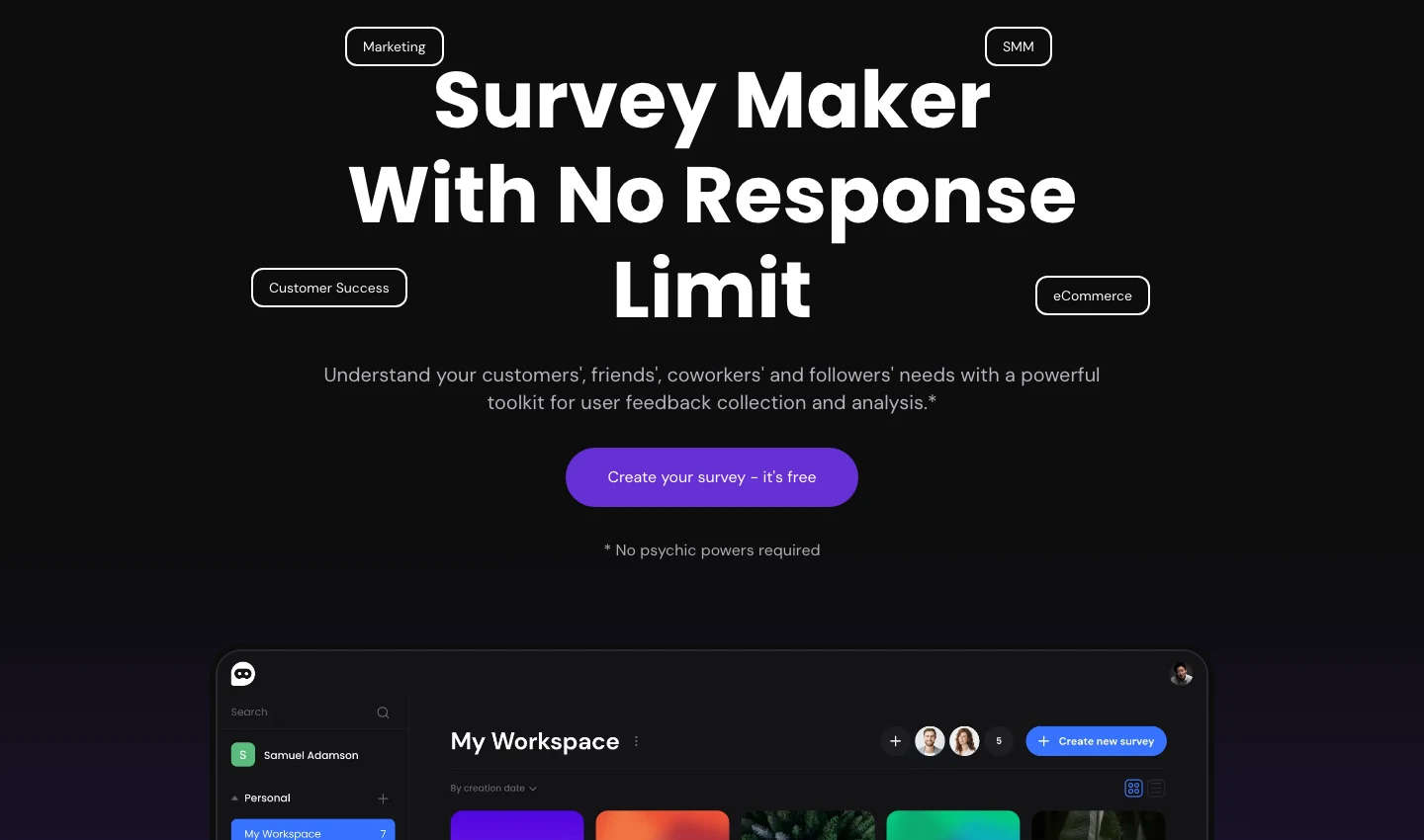 Survey Ninja English homepage and survey workspace